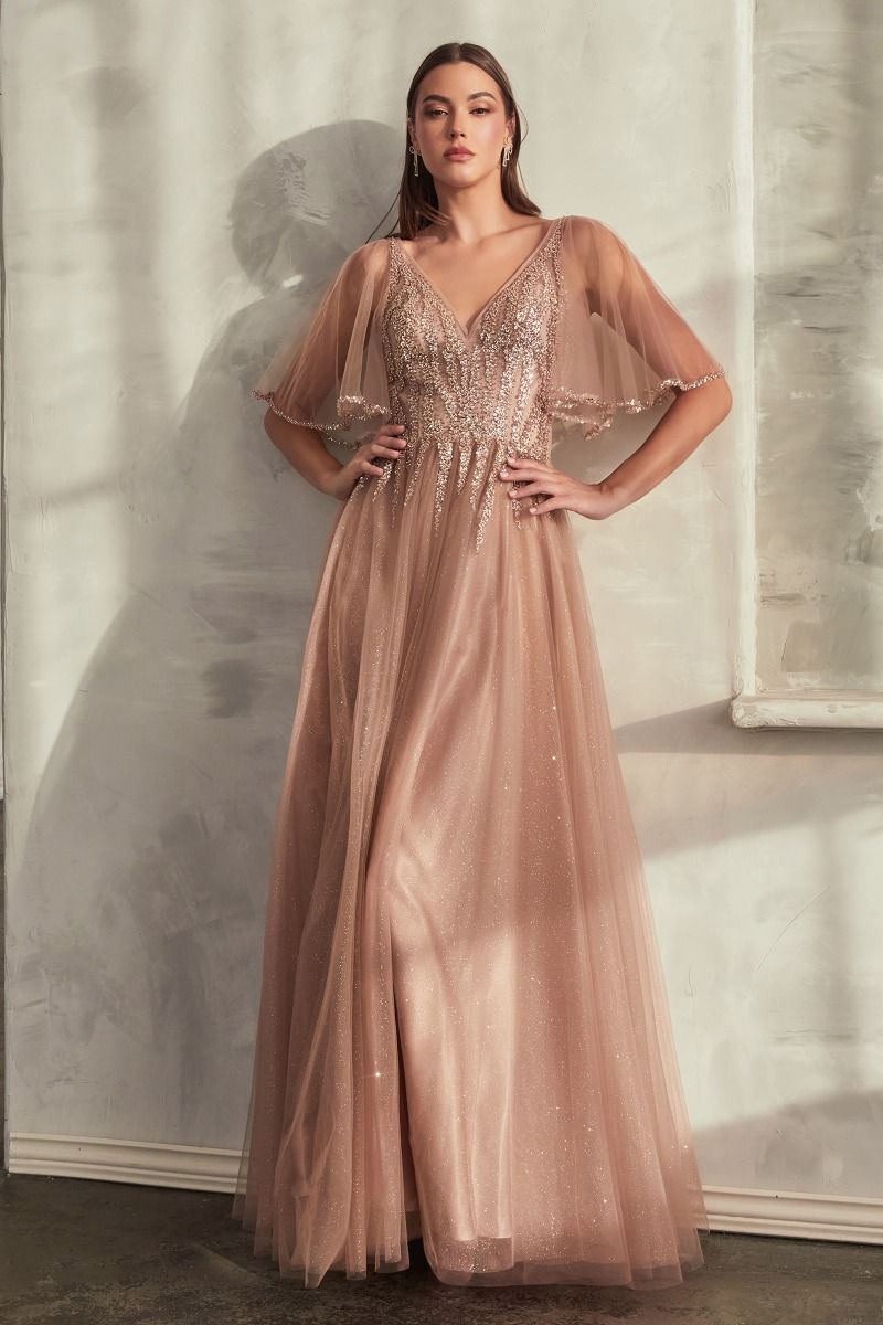 A woman wearing the Bell-Sleeve Glitter Formal Dress: Ladivine CD0175 poses against a textured, neutral-toned wall.